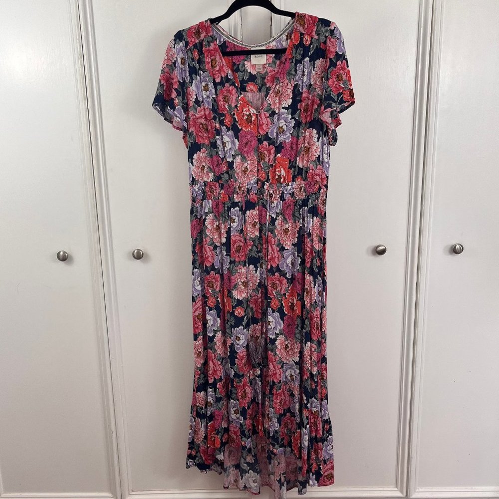 Knox Rose EUC Flutter Floral Flutter Sleeve Smocked Maxi Dress Size L
